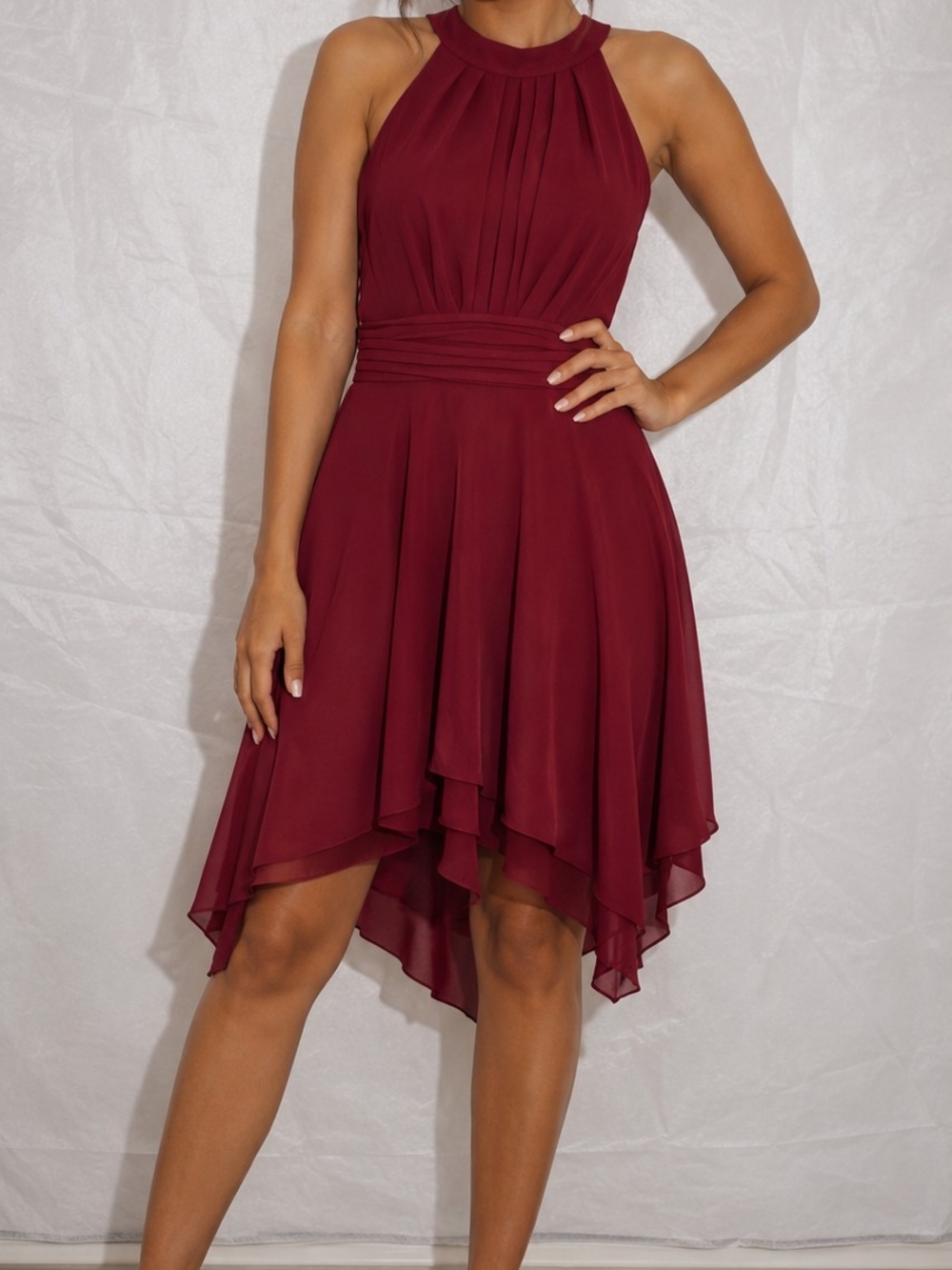 Elegant Burgundy Halter High-Low Dress.  #118